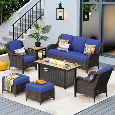 Ensemble de terrasse pour 7 personnes avec coussins et foyer d'extérieur, ensemble de patio en osier toutes saisons