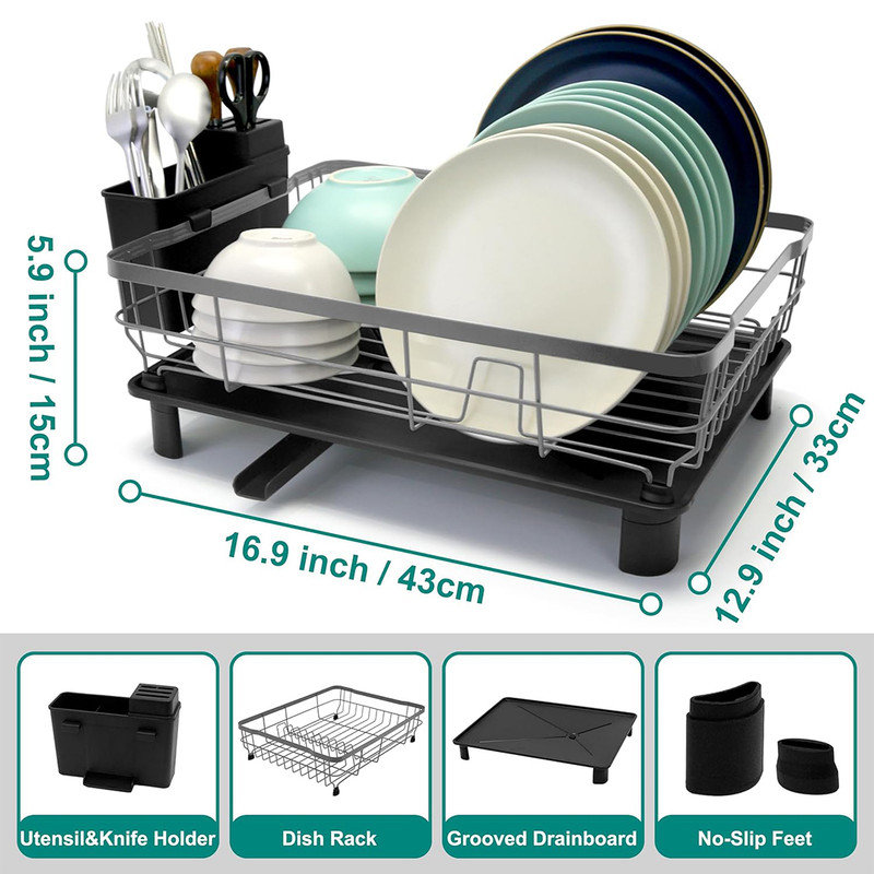 Gray Metal 2-Tier Dish Drying Rack with Utensil Holder