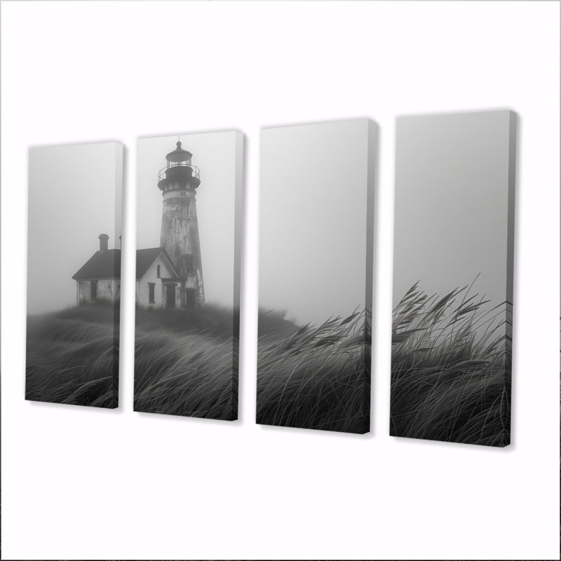 Phare monochrome brouillard d'hiver Cliff I - ensemble de décorations murales phares, H 32 po x l 64 po