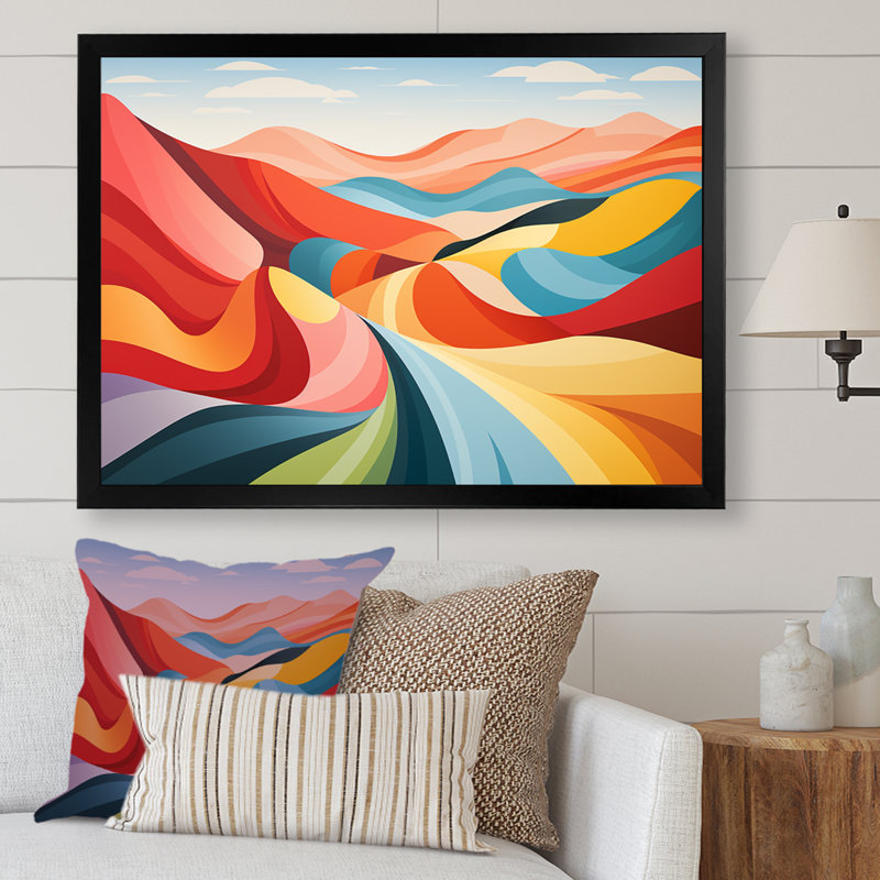 «Minimalist Multicolor Country Side Rolling II», art mural prairie, Cadre d'angle fermé noir, H 24 po x l 32 po x P 1 po