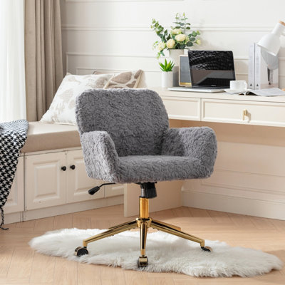 Chaise de bureau grise avec de la laine d'alpaga artificielle, réglable, base en métal doré, coussin de meuble-lavabo inclinable à plus de 40 mm en laine de 320 mm, inclinable, réglable pour les affaires