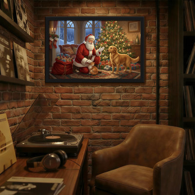 Père Noël avec un chien et un chat près de l'arbre de Noël