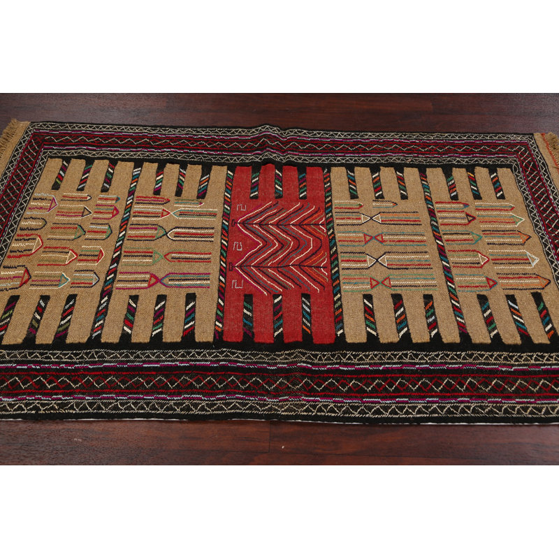 Tapis rouge / brun en laine nouée à la main de conception unique 3 pi 6 po x 6 pi 2 po New Age