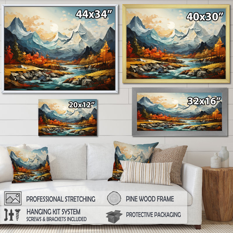 «Orange Teal Mountains Majestic Peaks Collage III», reproduction, H 16 po x l 32 po, Cadre naturel flottant