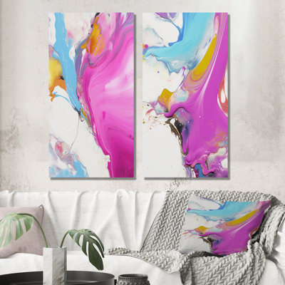 "Fuchsia rose et illusions fluides bleu clair" 2 pièces sur toile
