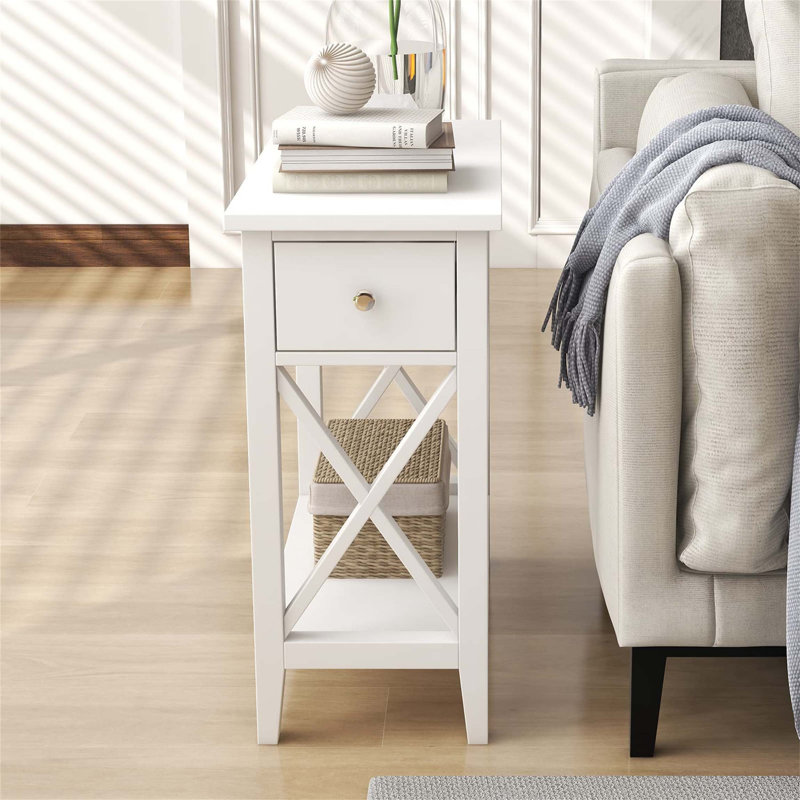 Table de bout à 2 tiroirs avec plateau rabattable, table de chevet étroite pour petit salon et chambre à coucher, blanc