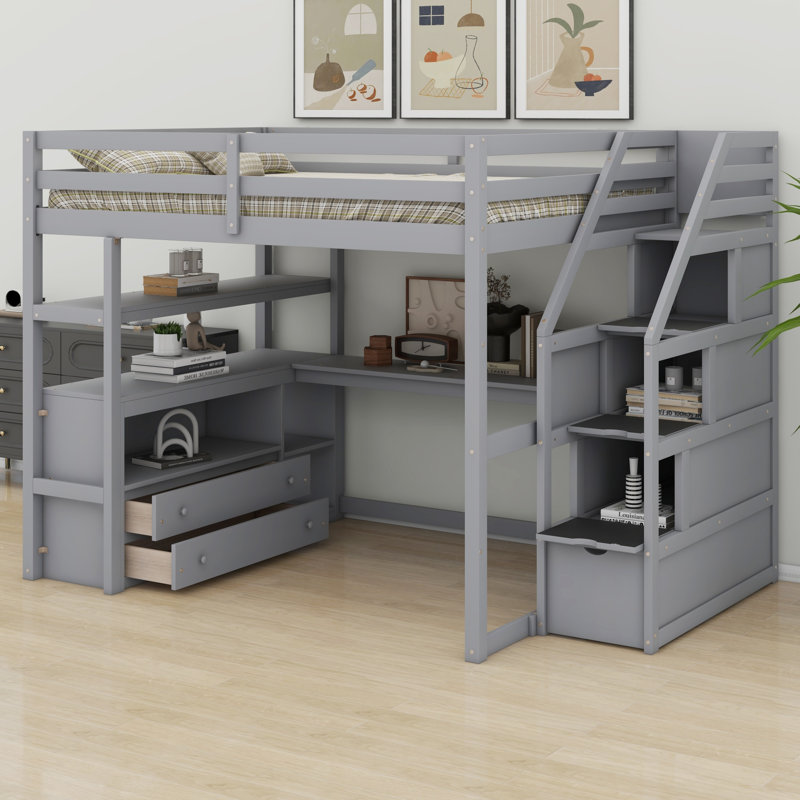 Lit mezzanine double avec bureau et tablettes, Gris