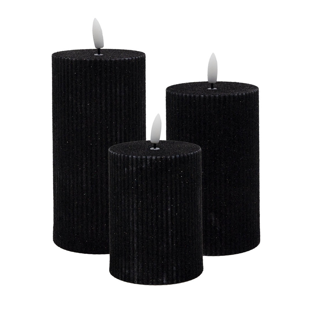 Battery Operated Black Fluted Pillar Candles - 3 Piece Mercer41