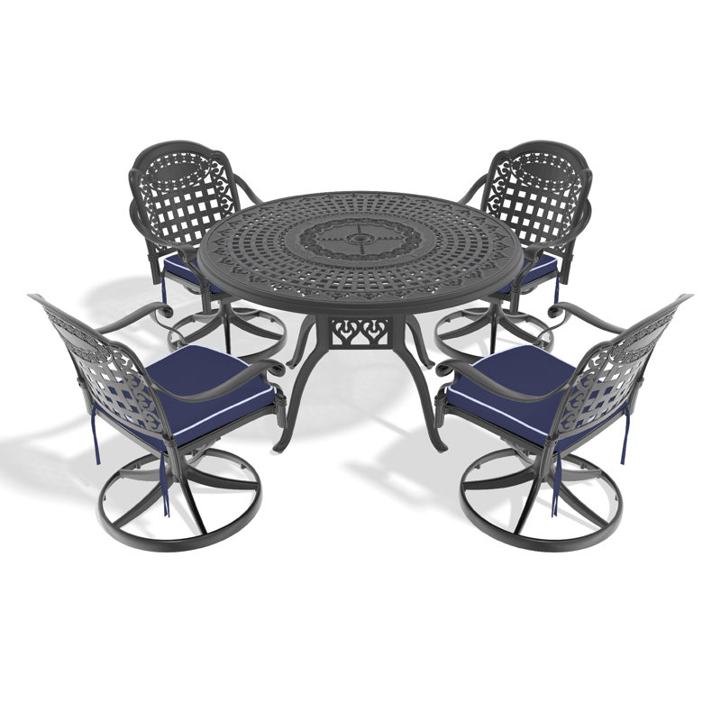 Ensemble de bar de salle à manger 5 pièces en aluminium coulé résistant aux intempéries, comprenant 4 chaises pivotantes et une table ronde de 47,24 po avec structure noire (même référence: W1710S00448)
