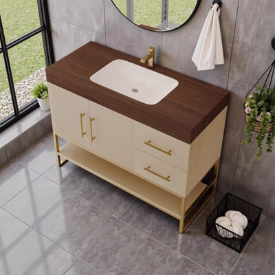 36" Modern Bathroom Vanity with Seamless Ceramic Sink & Gold Accent Free Standing Cabinet - Faux Marble/Sintered Stone Top, 2 Drawers & Open Shelf for Bathroom Storage