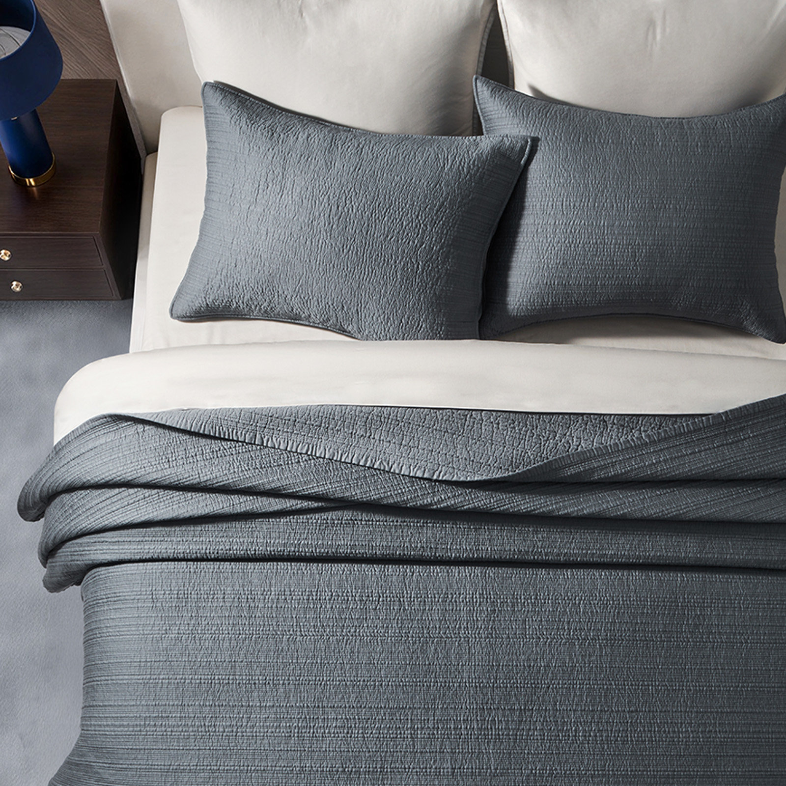 Channel Stitch Cotton Quilt Bedding Set, King Quilt + 2 King Shams, Midnight Blue
