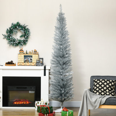 Arbre de Noël décoré 7 pi, arbre de Noël crayon avec 499 branches réalistes et support en plastique, argent