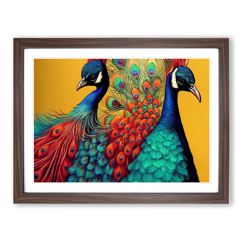 XH1022-6749X Pair Of Peacocks - Single Picture Frame Print, 25cm H x 34cm W x 2cm D, Walnut