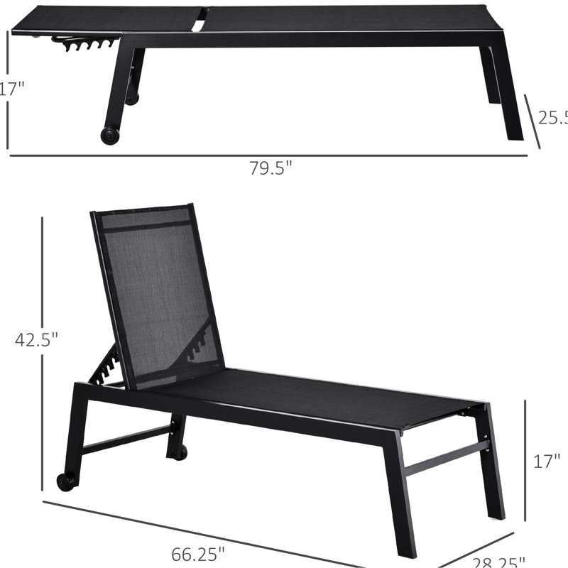 5 Reclining Patio Chair With 2 Wheels And Wind-through Design - Black Beach, Lawn, Poolside Lounge Beach Chair, , Wheels, For Outdoor Living