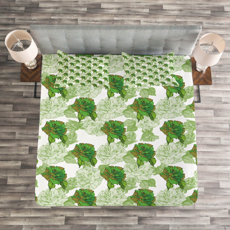 Abobaker  White/Green Microfibre Bedspread Set, 220 x 264 cm
