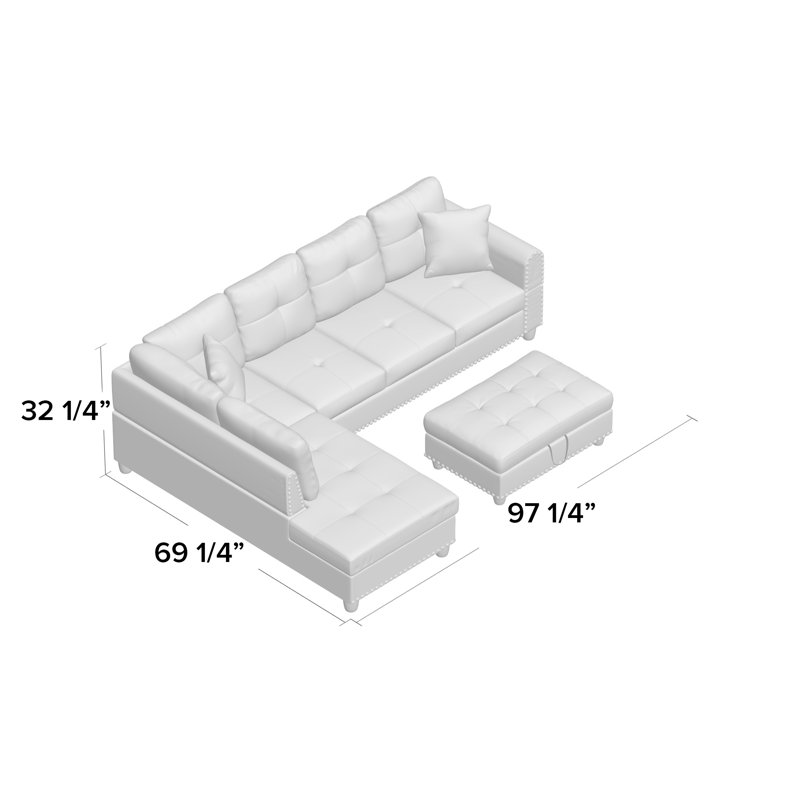 Plyler 97.2" Wide Modular Sectional with Ottoman, Black Faux Leather, Left Hand Facing