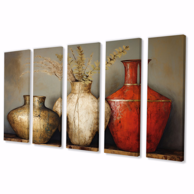 Cottage rouge vases en fleurs séchées - décoration murale bohème poterie - 5 panneaux égaux