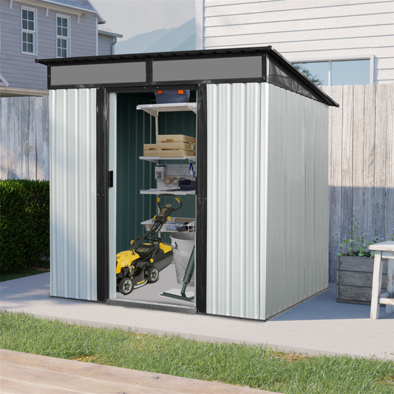 6Ft X 5Ft Outdoor Metal Storage Shed With Lockable Sliding Doors And Transparent Plate For Garden, Lawn, White/Black