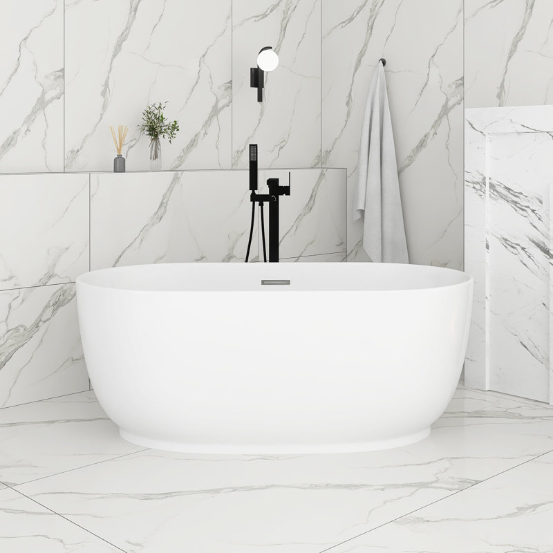 Baignoire de trempage autoportante en acrylique blanc brillant de 59 pouces
