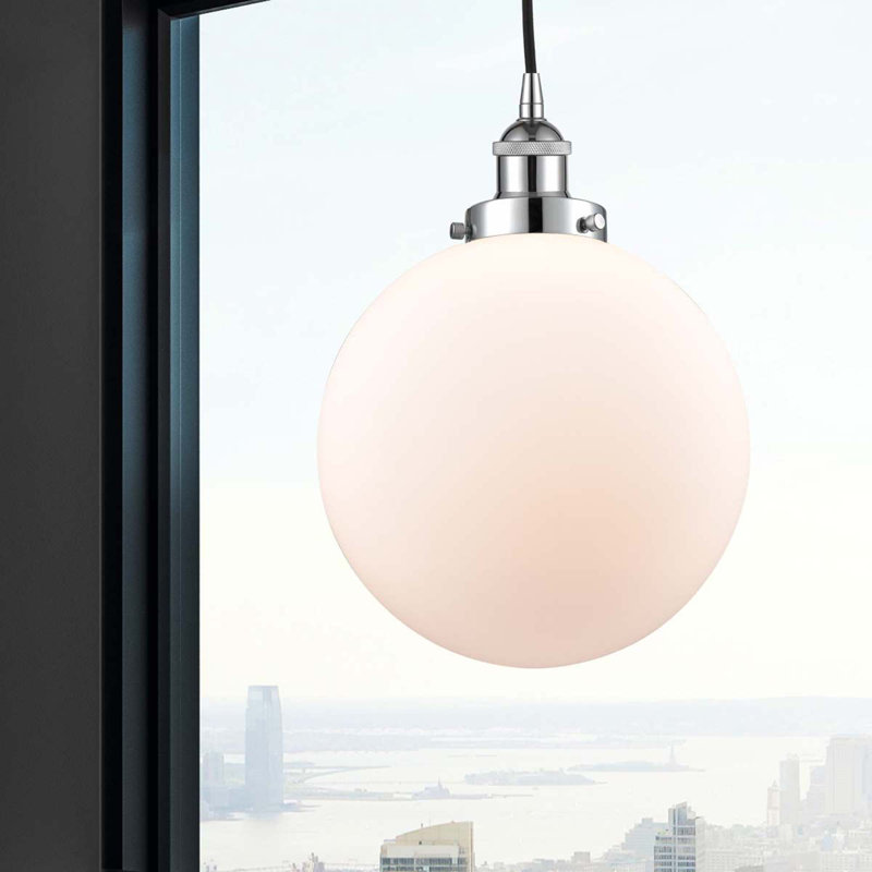Luminaire suspendu sphère 1 lumière Frederick, Blanc mat, Chrome poli