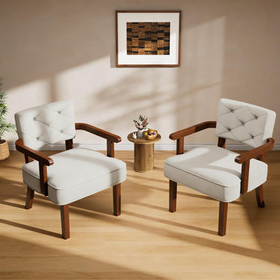 Upholstered Arm Accent Chair for Living Room, Solid Wood Accent Armchair with Tufted Backrest and Cushion, Beige, set of 2