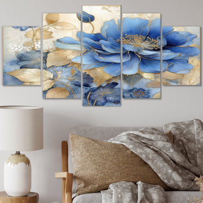 «Blooming Blue & White Chrysanthemum Flower I» - Art mural sur toile fleurs - 5 panneaux
