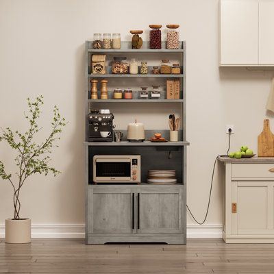 Farmhouse Bakers Rack with Storage Cabinet & Power Station, Brown Kitchen Hutch with USB Ports, Multi-Tier Pantry Organizer Shelf for Dining Room, Gray
