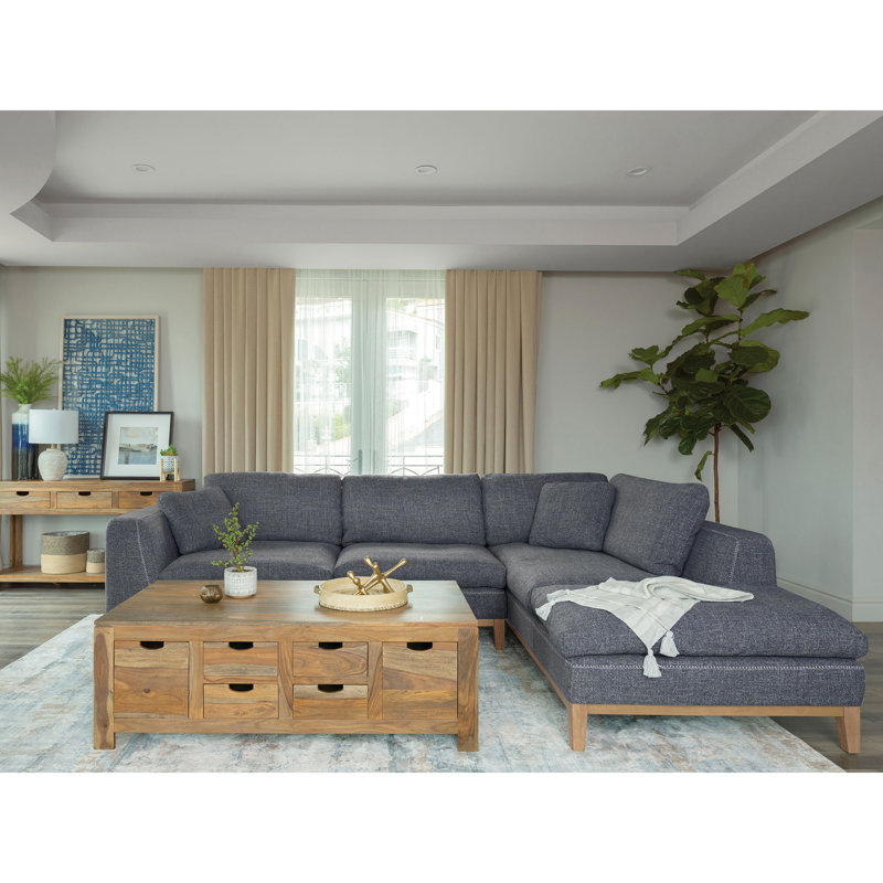 Canapé modulaire en L rembourré avec esthétique Mid-Century, finition grise, garniture beige, accoudoirs évasés, 4 sièges pour le revêtement de loisirs, détente