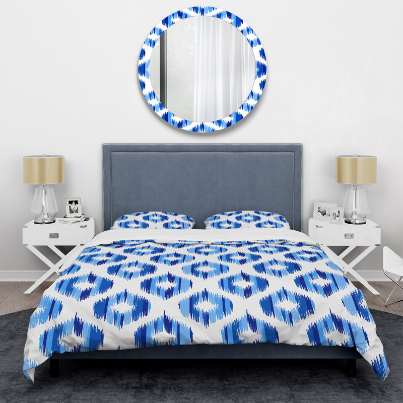 Blue Ikat Ogee - Ensemble de housse de couette abstrait - Microfibre de polyester