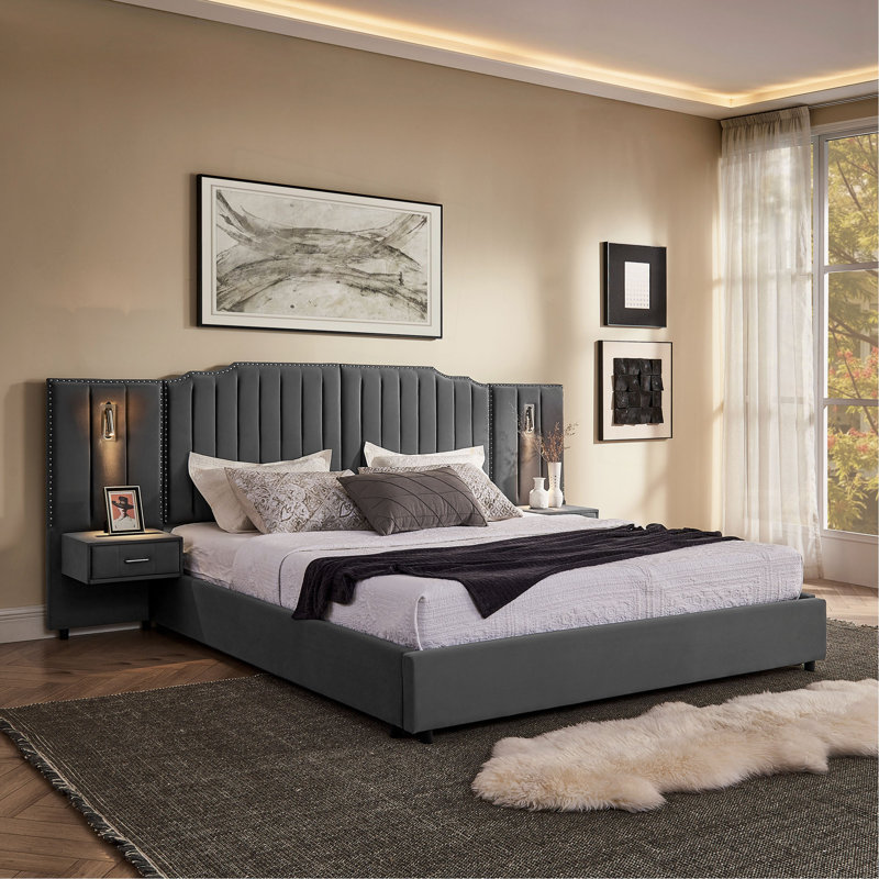Structure de lit tapissier avec tissu en velours, conception à rayures verticales avec boutons autour du lit plateforme avec tête de lit, structure solide et table de chevet - aucun sommier nécessaire