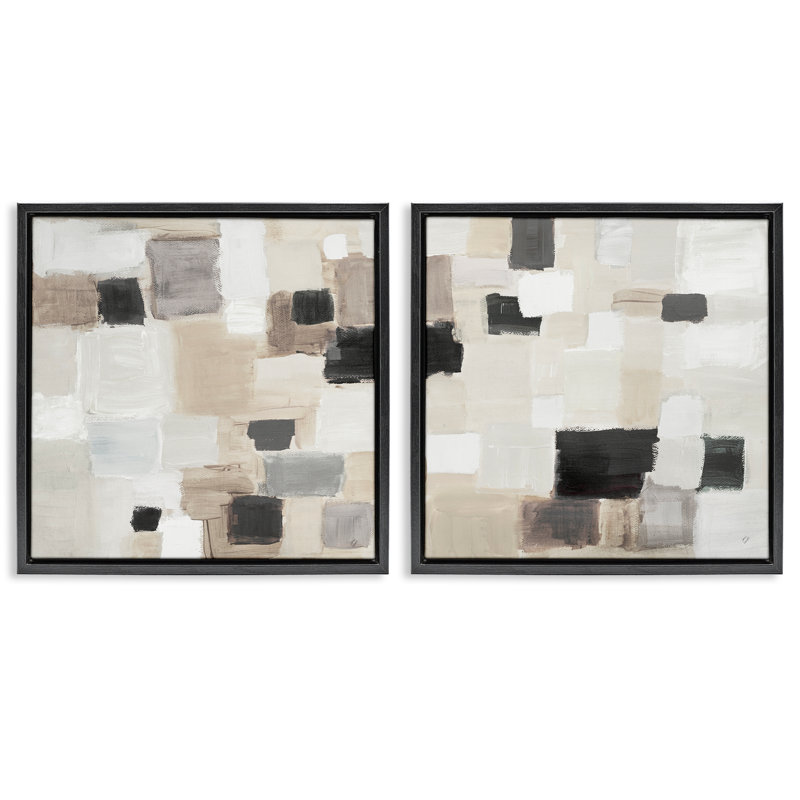 «Neutral Patchwork Squares», ensemble de 2 toiles flottantes encadrées par Lanie Loreth, Cadre flottant noir de jais
