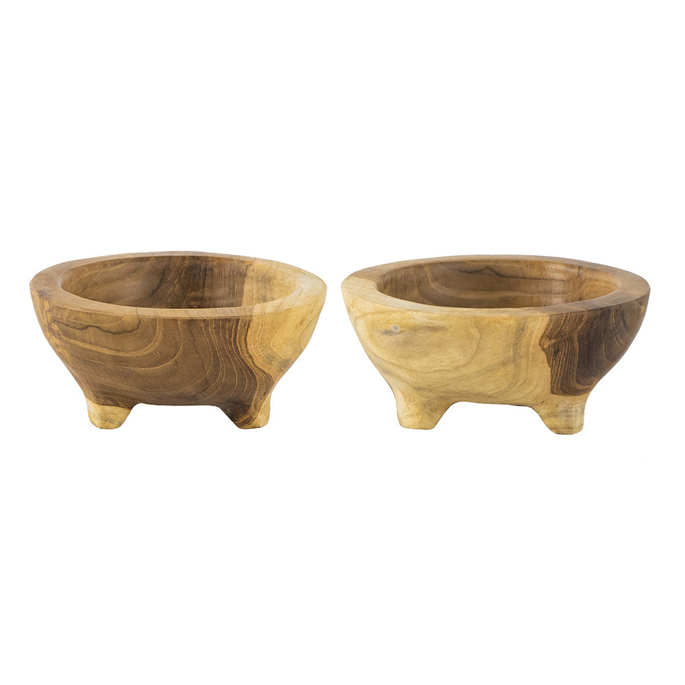 Teak Wood Footed Bowls - Set of 2 - D6x2.5" - Black, 2.8'' H X 6.1'' W X 6.1'' D, Brown