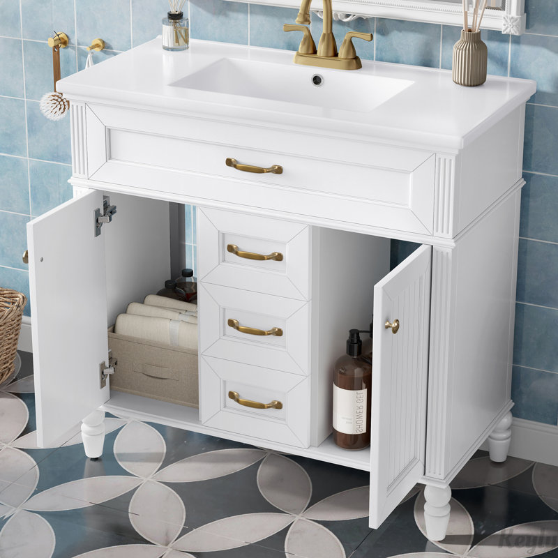 Meuble-lavabo 36 po avec lavabo et tiroir supérieur rabattable, Blanc