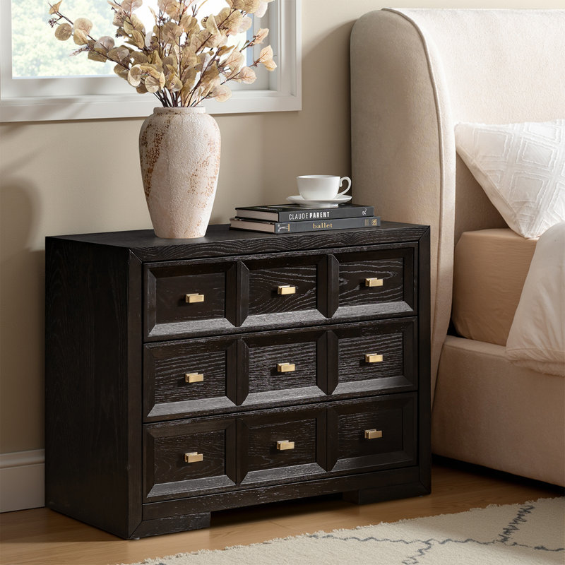 Royalwood Modern 32''W 3-Drawer Solid Wood Nightstand with Charging Station and Metal Knobs, Charcoal