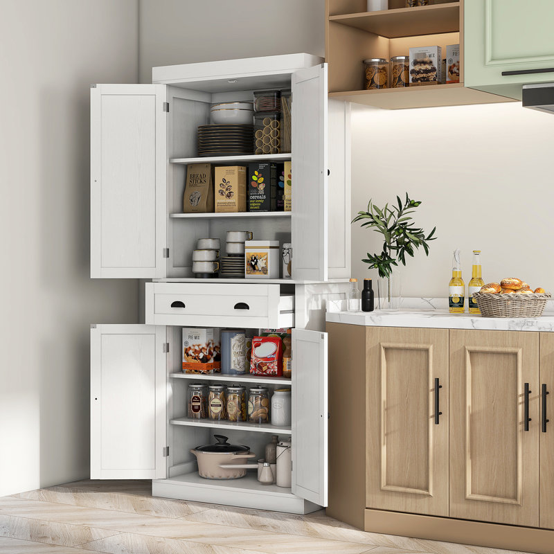 Armoire de cuisine en bois blanc, 184 cm (72,5 po), avec 4 portes, un tiroir et 3 tablettes réglables pour le rangement de la vaisselle. Portes et étagères. Convient aux ustensiles de cuisine. Style traditionnel. Capacité de charge : 100 kg (220 lb).