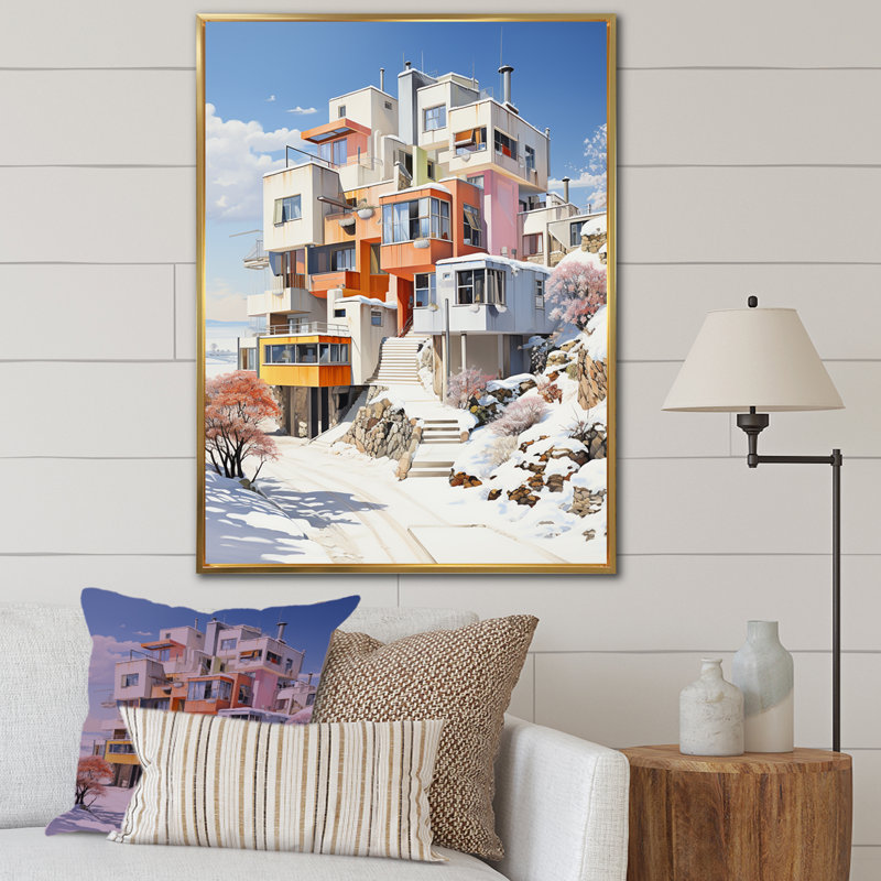«De Stijl Modern City In Winter», reproduction sur toile, Cadre flottant doré, H 32 po x l 24 po