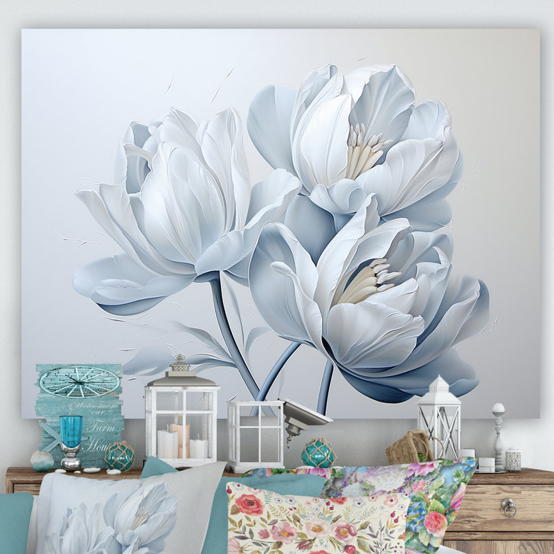 Minimalisme, tulipes bleues et blanches, coups de pinceau II, tulipes, Toile tendue, H 12 po x l 20 po x P 1 po