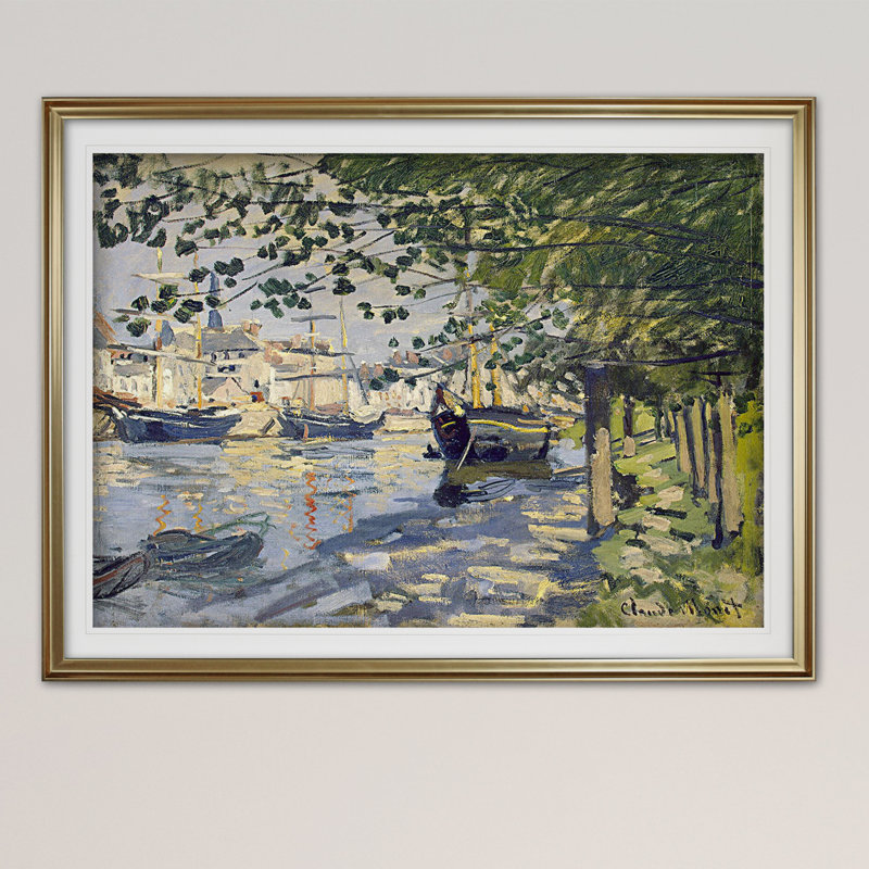 «La seine à Rouen», reproduction de peinture à l'huile, H 27 po x l 39 po x P 2 po, Cadre doré, Pas de tapis