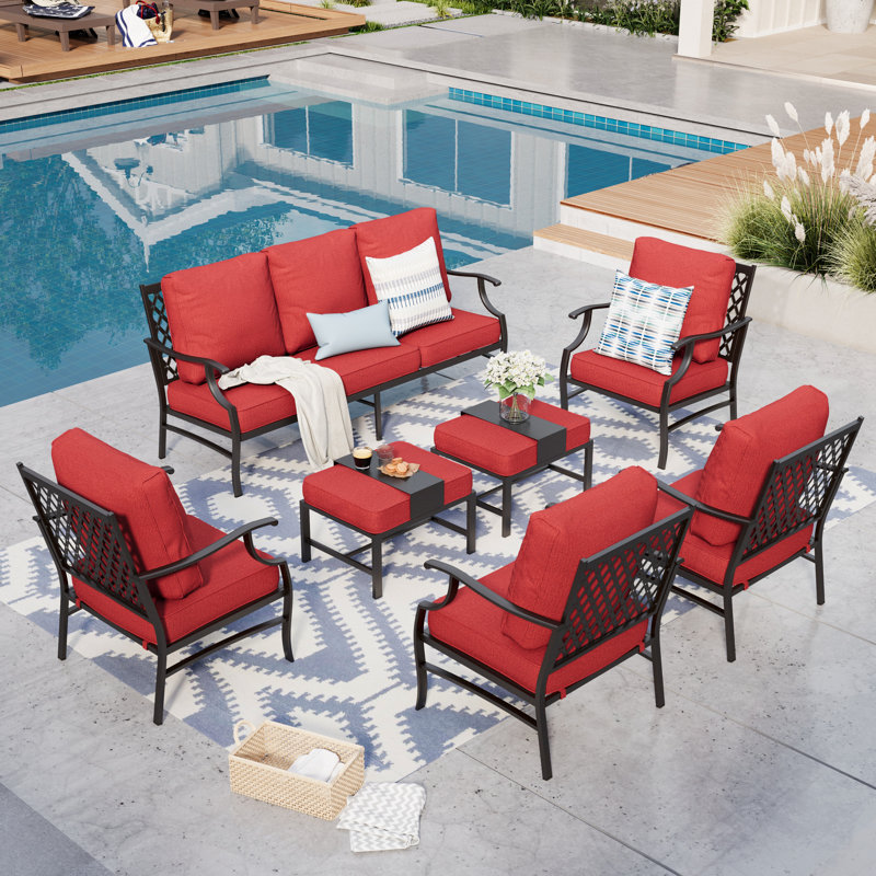 Asfand 9 - Person Outdoor Seating Group with Cushions, Red