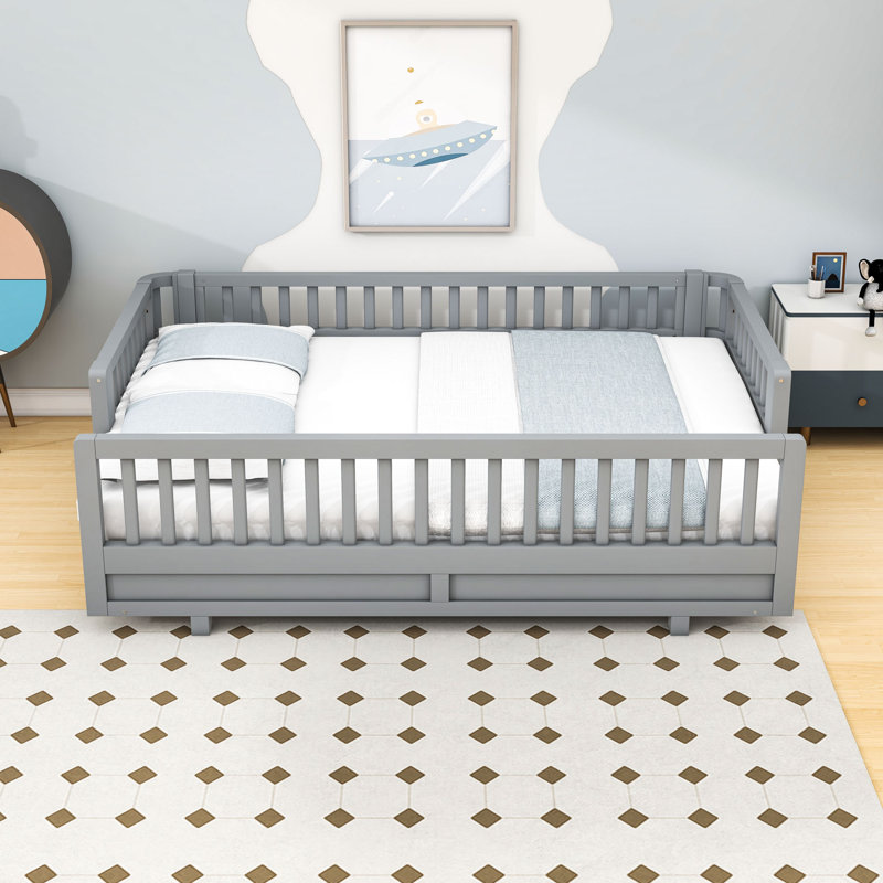 Lit plateforme extensible en bois avec garde-corps et lattes, Gris, Très grand simple