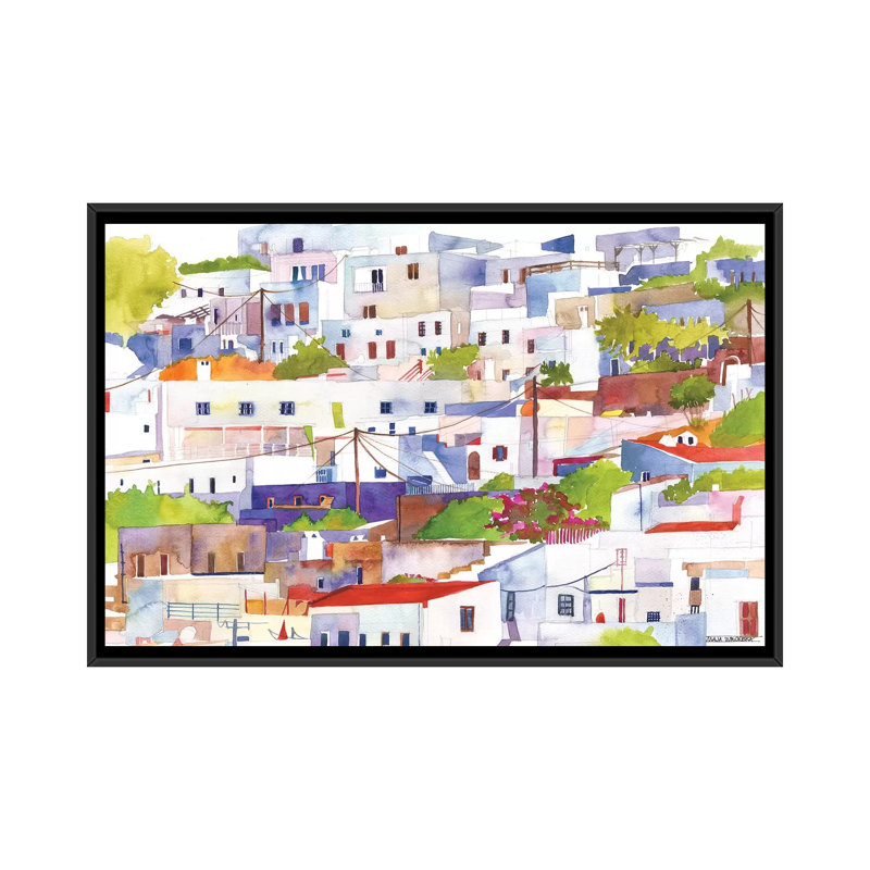 «Lindos» par Maja Wronska, impression sur toile, Toile avec cadre noir, Pas de tapis, H 32 po x l 48 po x P 1,5 po