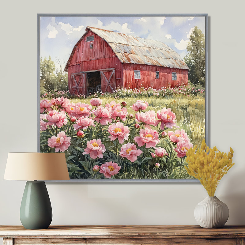Ditchka pivoines par le tracteur Shed III - pivoines, art mural pour le salon, Impression encadrée flottante, Argent argent