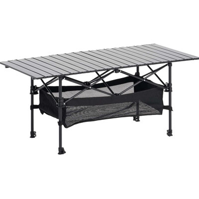Table d'extérieur pliante en aluminium avec charnières latérales robustes, hauteur réglable et plateforme compacte pliable