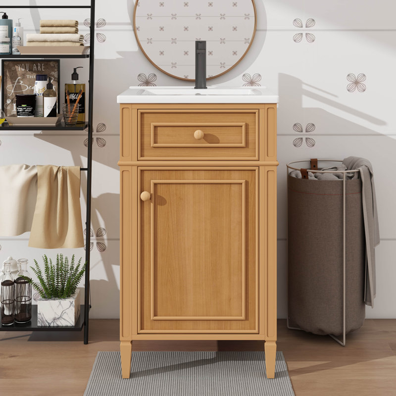Meuble-lavabo autoportant en bois de 20 po avec lavabo, pieds en bois massif, tiroir inclinable, tablette réglable - boutons en bois pour les salles de bain compactes