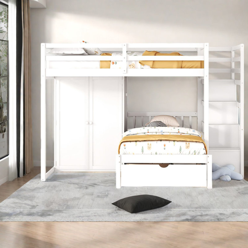 Lits superposés en bois massif peu encombrants avec garde-robe de rangement