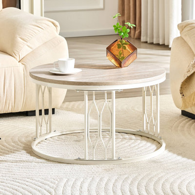 Table basse ronde en panneau de fibres à densité moyenne avec texture effet pierre, diamètre de 27,5 pouces. Table basse ronde pour le salon. Table basse ronde de style Wabi-sabi avec des pieds en métal robustes et un assemblage facile.