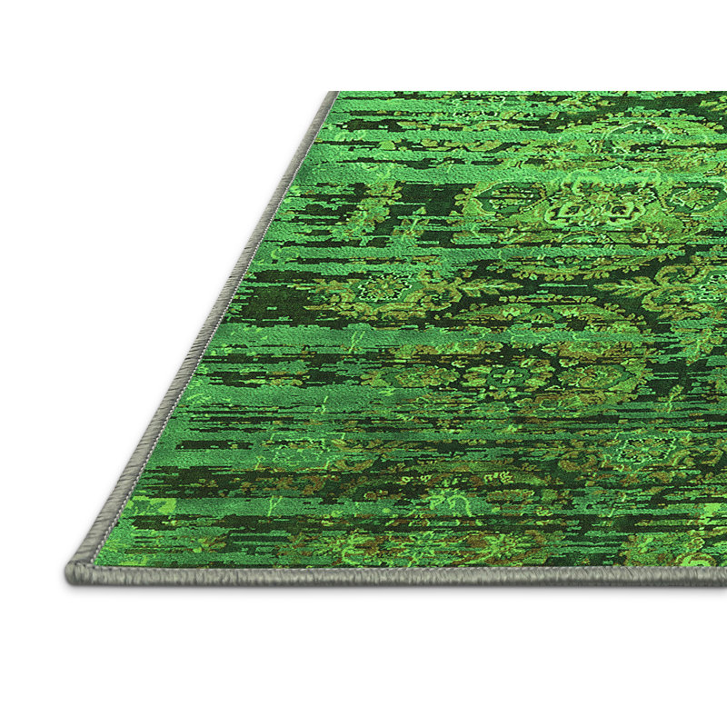 Tapis oriental en chenille / polyester tissé à la machine en vert / noir, Tapis de couloir 2 pi x 5 pi