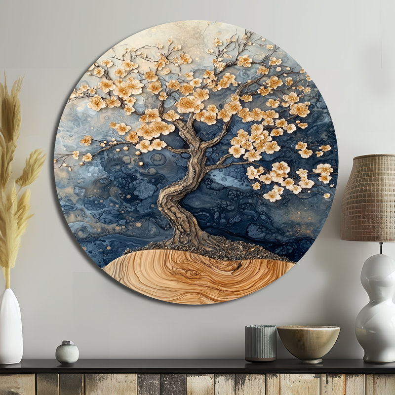 Karita - Art mural rond en métal cerisier en fleurs, H 23 po x l 23 po
