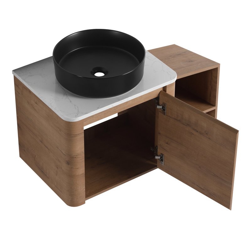 Meuble-lavabo mural 36 po avec lavabo d'art en céramique, tablettes de rangement, porte à fermeture en douceur, style moderne, teinte imitation chêne