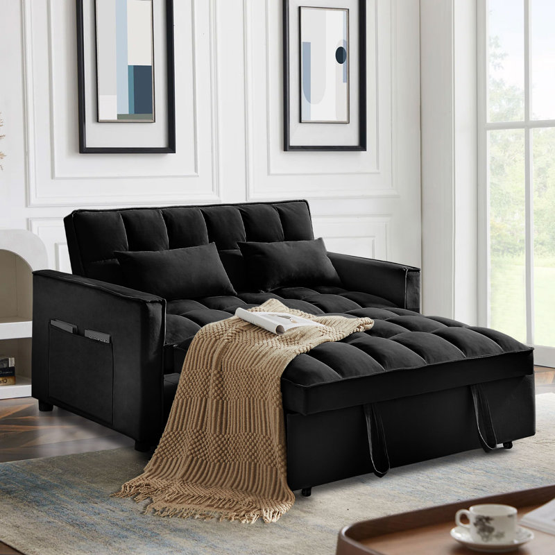 Eiri 55'' Wide Convertible Velvet Sleeper Square Arm Sofa Bed with Reclining Backrest and 2 Throw Pillows, Silver Gray